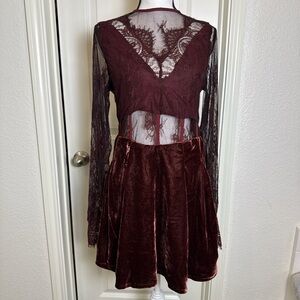 Free People Burgundy Lace and Velvet Dress